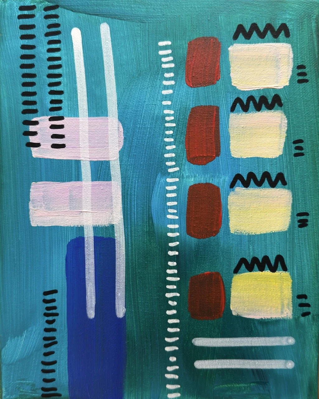 Abstract painting with colorful vertical and horizontal lines, squares, and squiggly marks on a blue-green background.