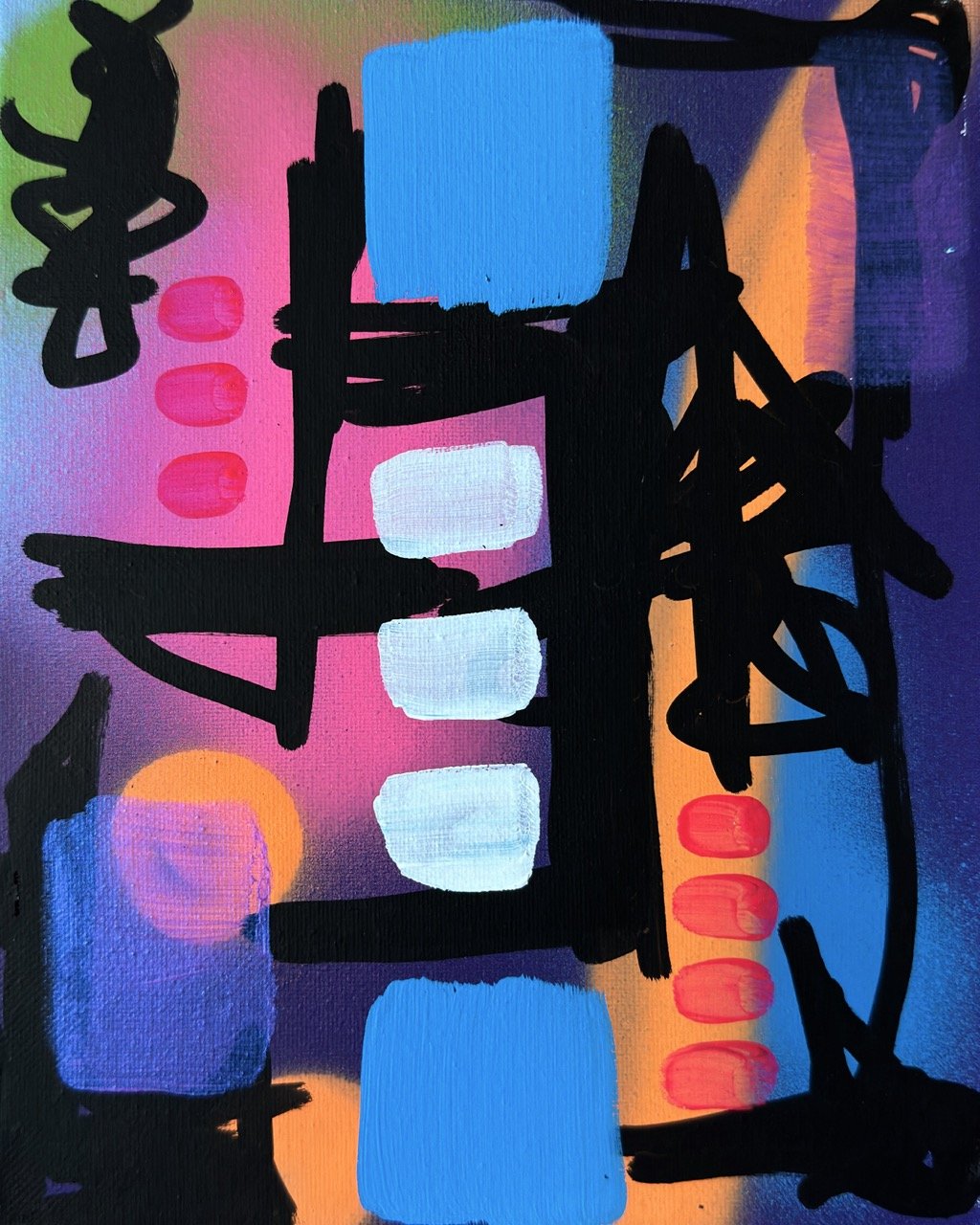 Abstract colorful art with blue, pink, orange, purple backgrounds, black scribbles, and white rectangles.