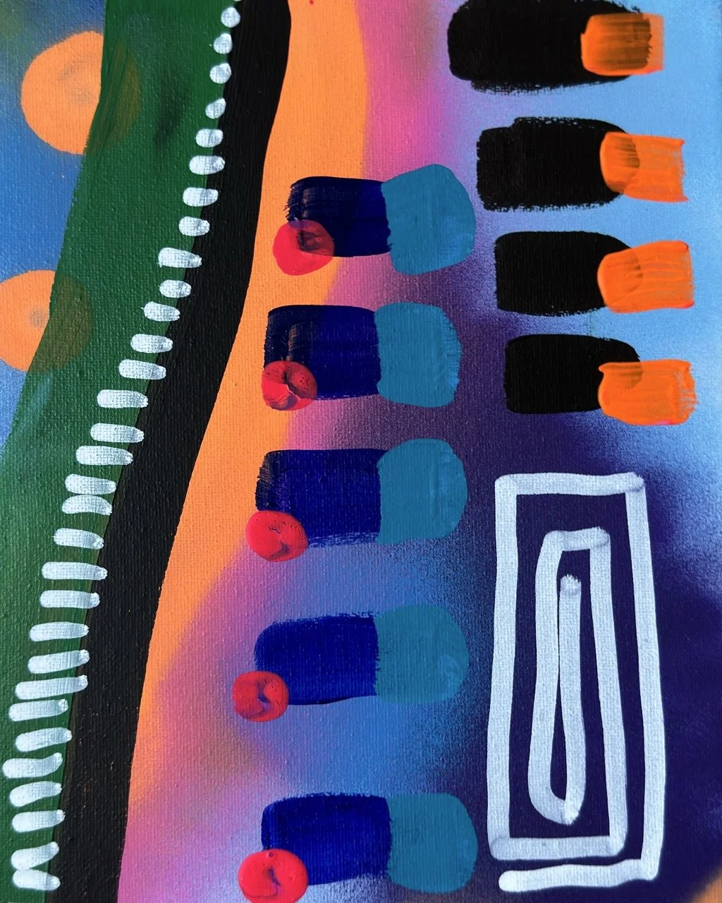 Close-up of an abstract colorful painting with various shapes including a green curved line with white marks, orange circles, dark blue and teal shapes, red circular accents, and a white rectangular spiral on a gradient purple and blue background.