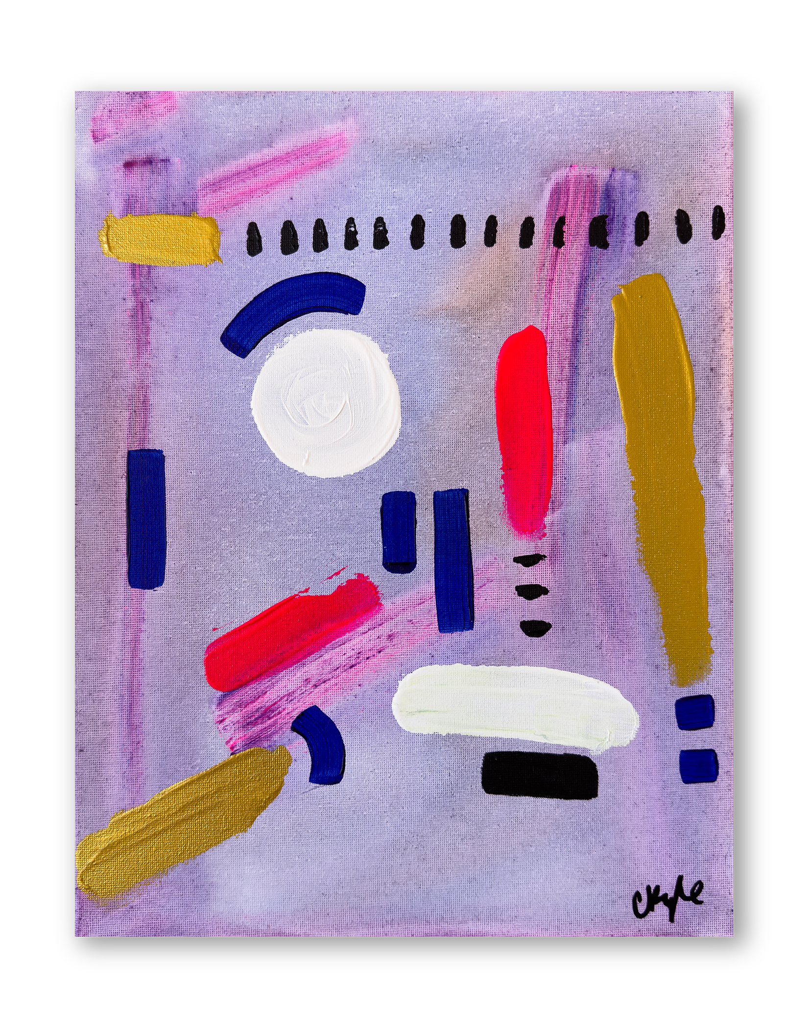 Abstract painting with various shapes and bold colors on a purple background, including a large white circle, red, blue, yellow, and black brushstrokes, and black dots and lines.