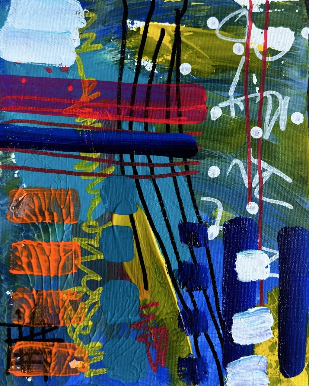 Abstract colorful painting with lines, dots, and shapes in blue, green, yellow, red, black, white, and orange.