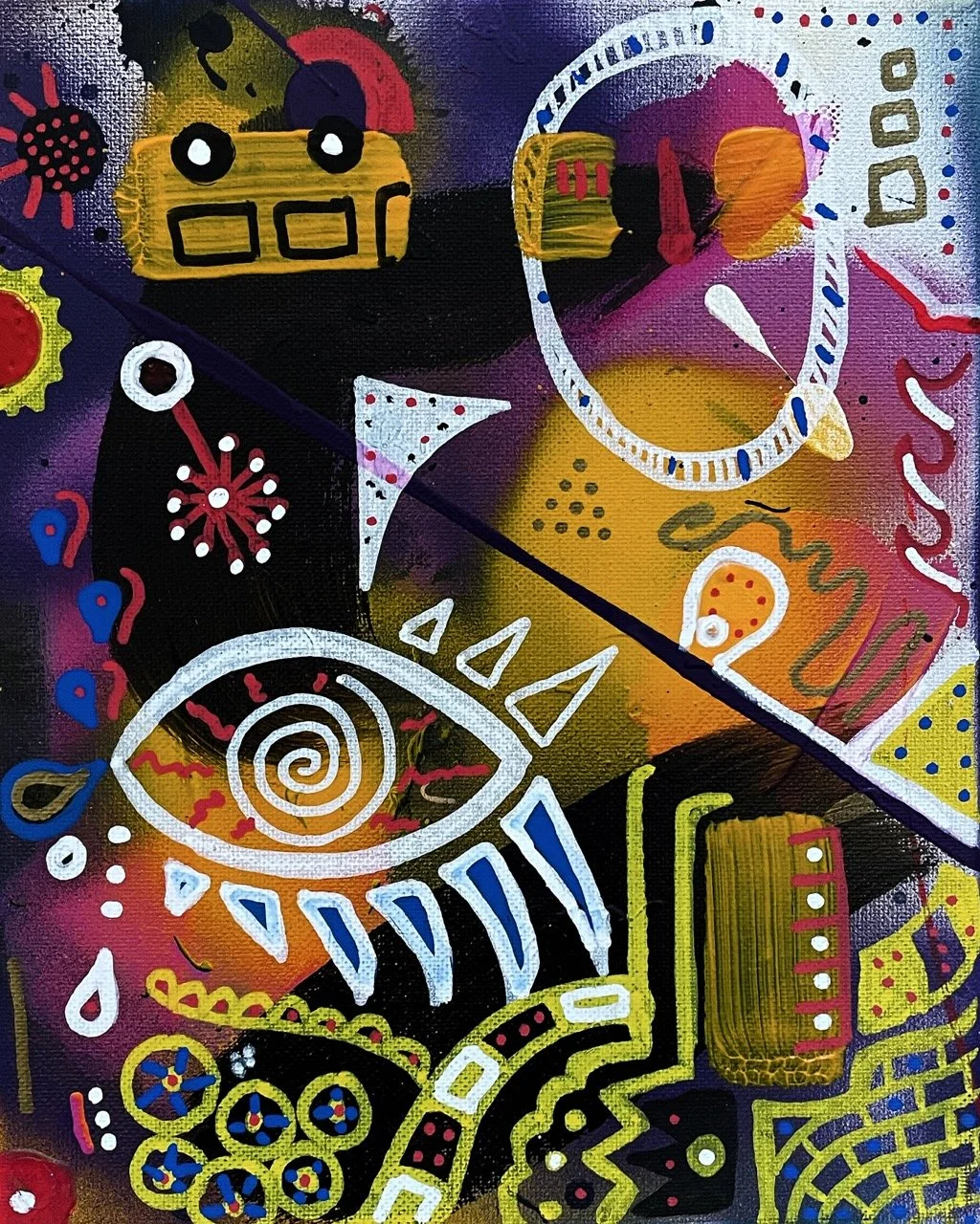 An abstract painting with vibrant colors and playful shapes including swirls, dots, geometric patterns, and stylized eye and face motifs.