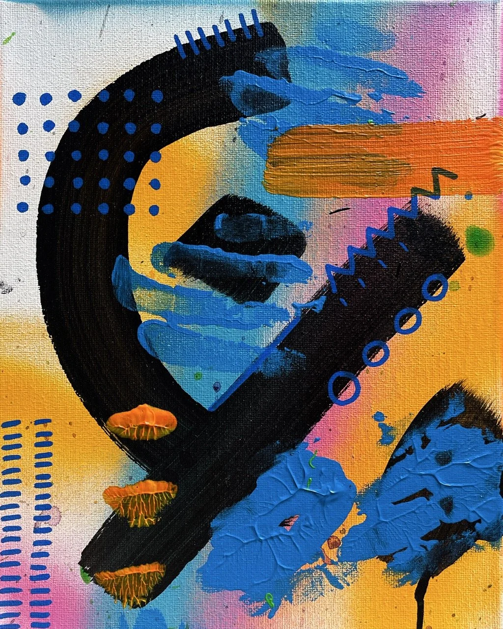 Abstract colorful painting with geometric shapes, bold brushstrokes, and vibrant colors including black, blue, yellow, orange, pink, and green.