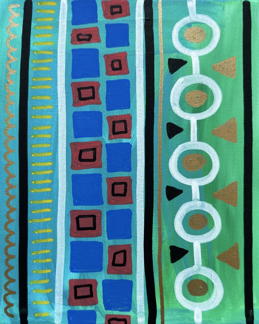 An abstract painting featuring vertical stripes with geometric patterns in bright colors such as yellow, red, blue, green, black, white, and gold. Patterns include squares, circles, triangles, and lines.