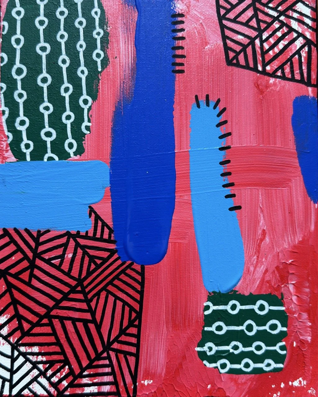 Abstract painting with red, blue, green, black, and white colors, featuring patterns with lines and dots.