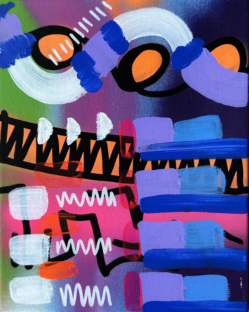 Abstract colorful painting with shapes, lines, dots, and patterns in blue, purple, orange, white, black, pink, and green.