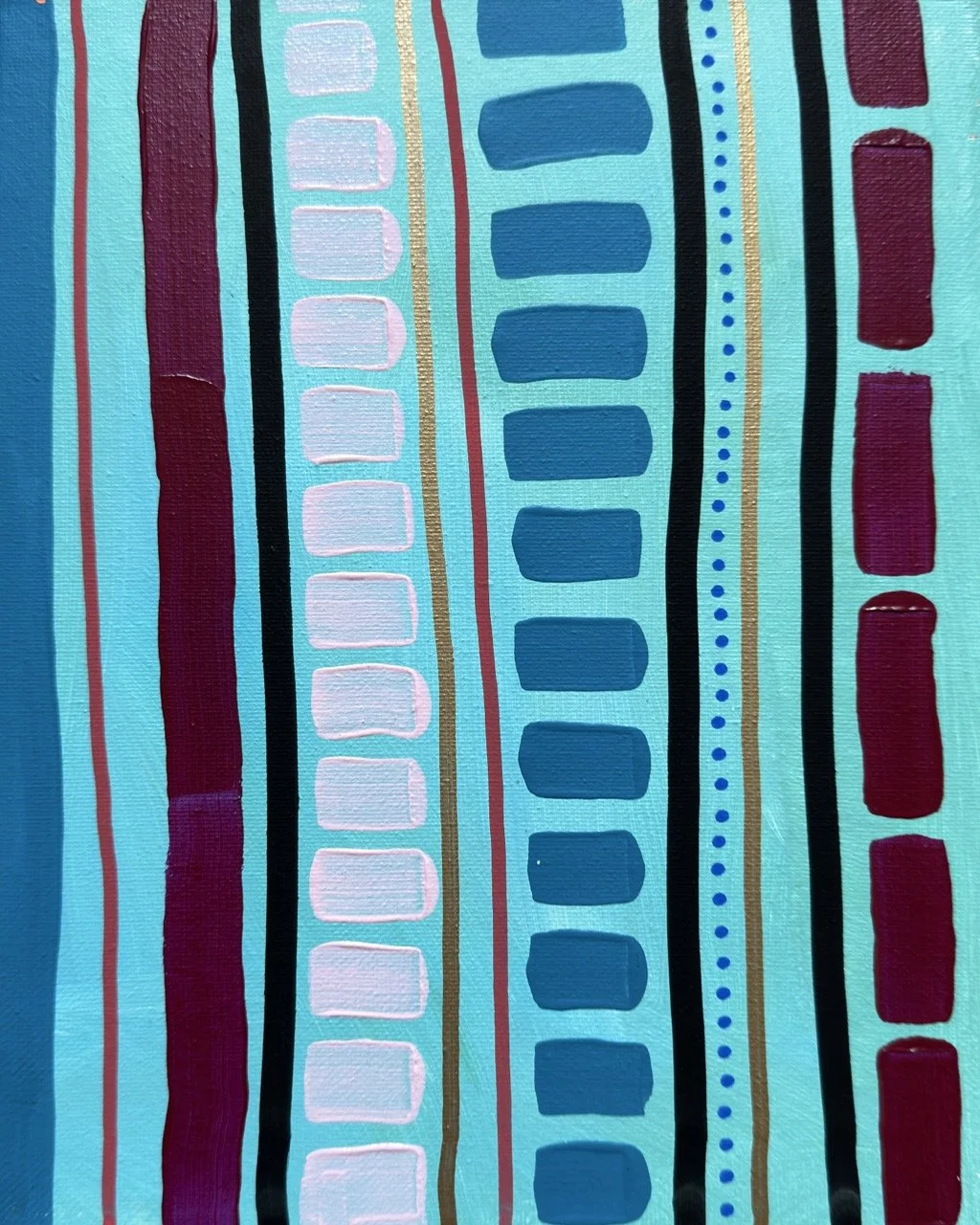 Abstract painting with vertical stripes in blue, black, gold, with rectangular and dotted patterns in shades of blue, pink, and burgundy on a teal background.