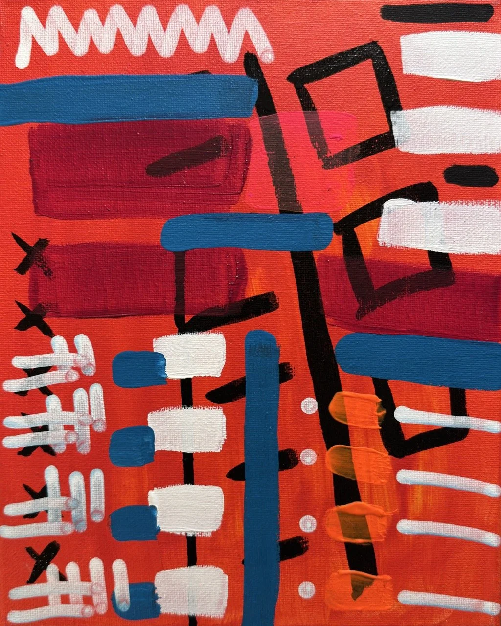 Abstract colorful painting with red, black, white, blue, and orange brushstrokes and shapes.