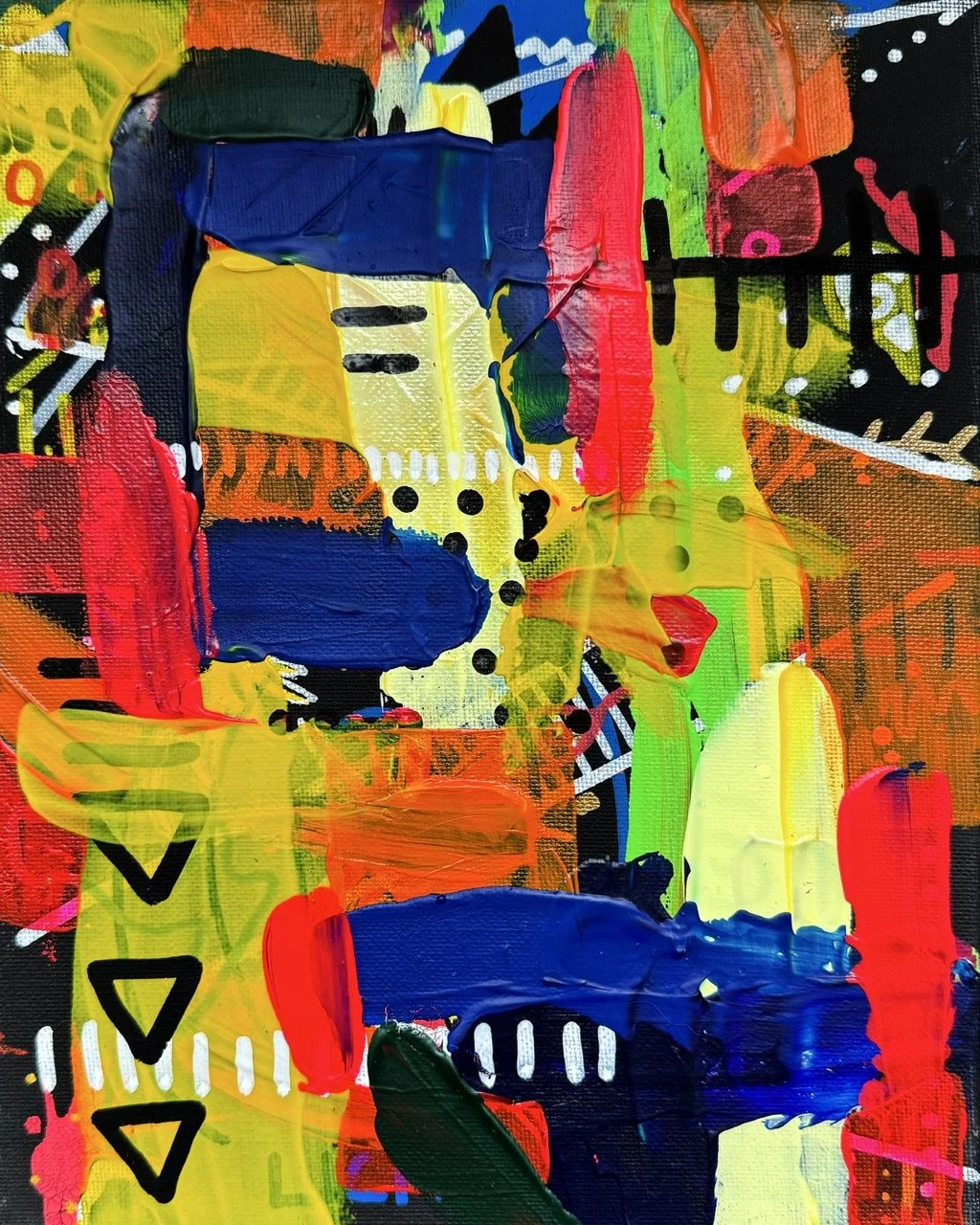 Bright, colorful abstract painting with thick brushstrokes, featuring splashes of yellow, red, blue, green, orange, and black, with various shapes, lines, and patterns.