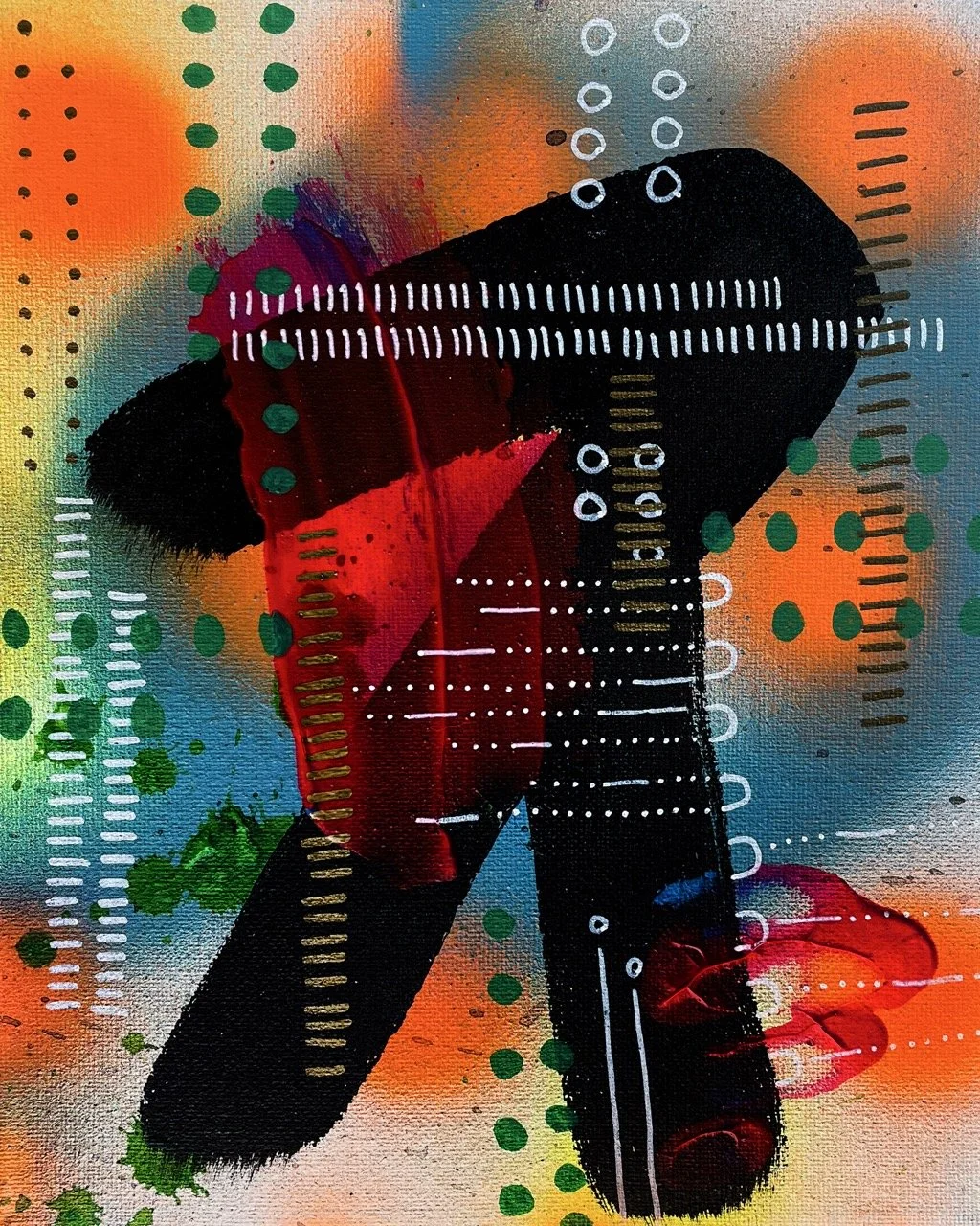 Abstract painting with vibrant colors and various geometric shapes, including black, red, green, blue, with dotted and dashed lines.