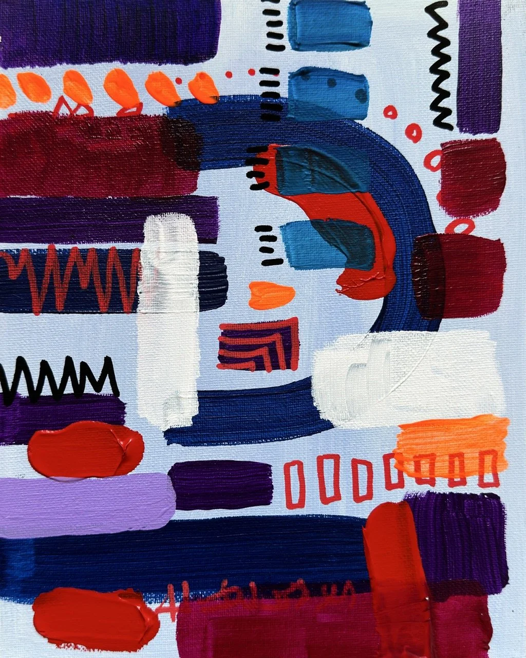 Abstract colorful painting with bold strokes and geometric shapes in red, blue, purple, orange, black, and white.