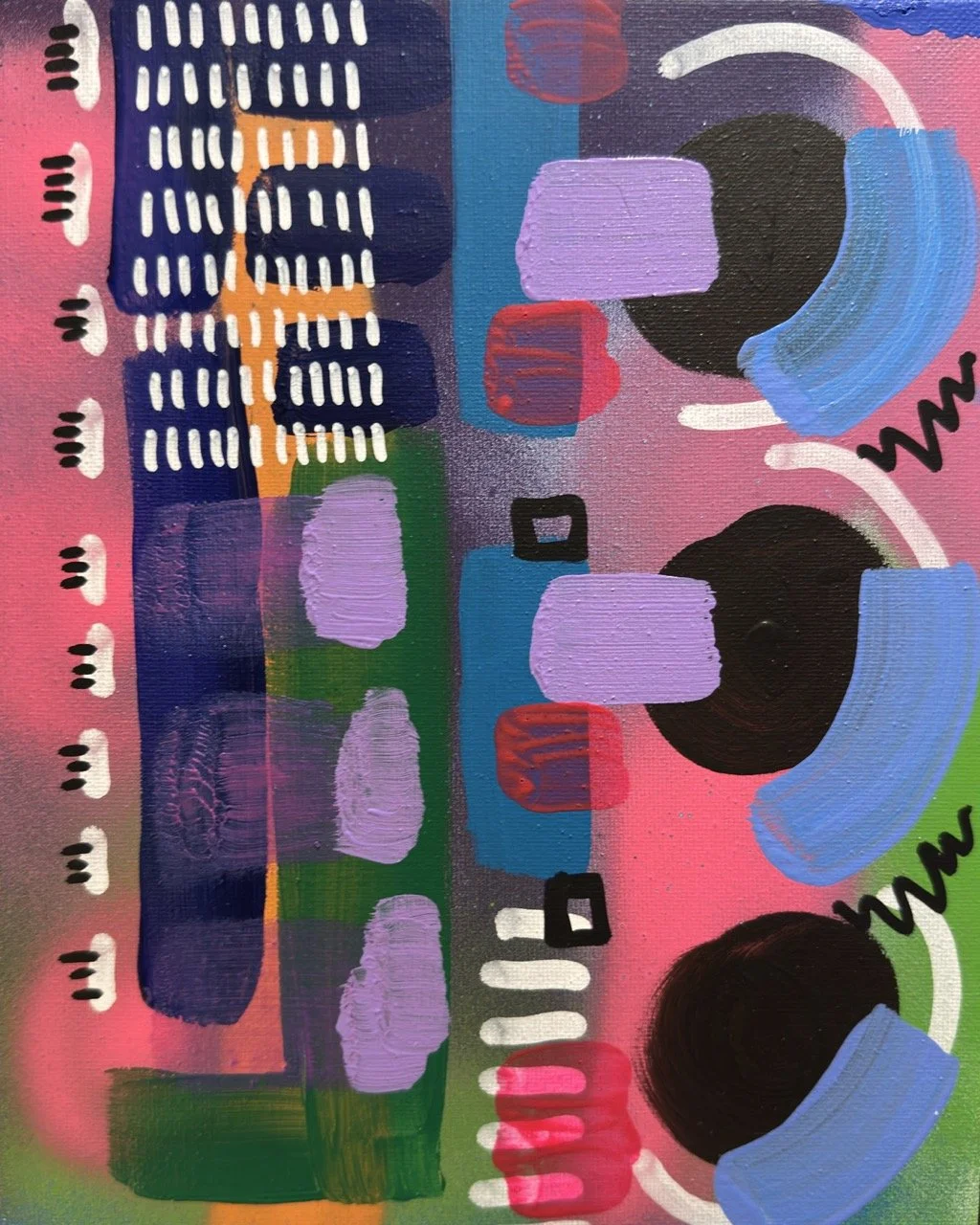 Abstract colorful painting with geometric shapes, dots, and lines in pink, purple, blue, black, red, green, and white.