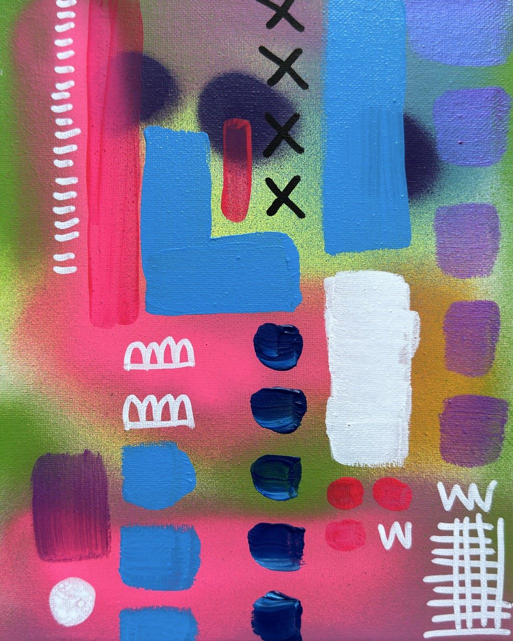 Abstract colorful painting with various shapes and patterns including rectangles, circles, and lines in vivid colors such as blue, red, white, purple, green, and pink.