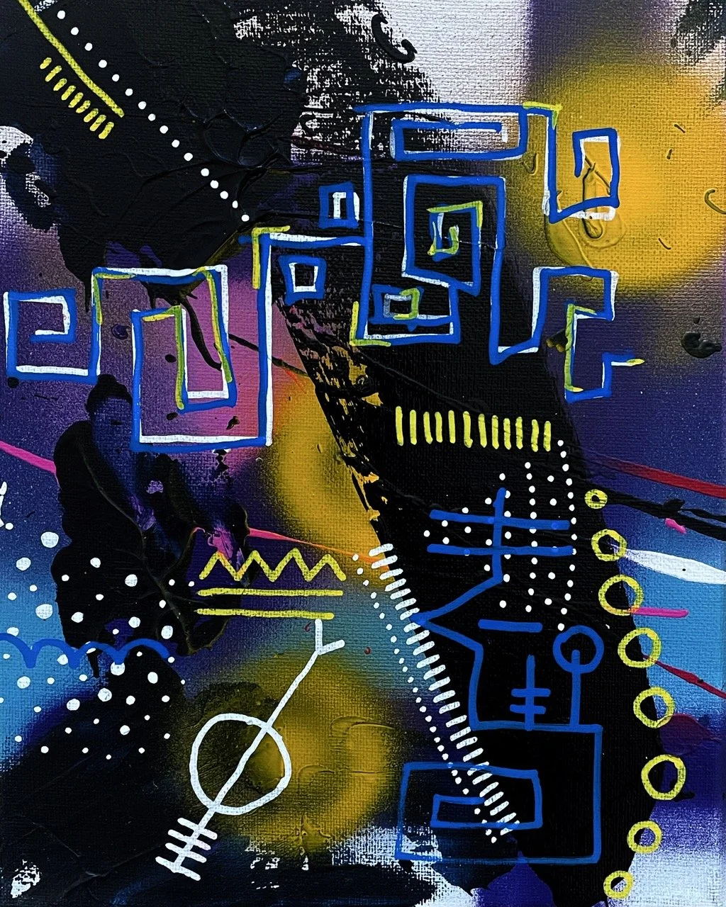 Abstract graffiti art with multicolored geometric shapes and lines over a colorful background with black, purple, yellow, and white splashes and patterns.