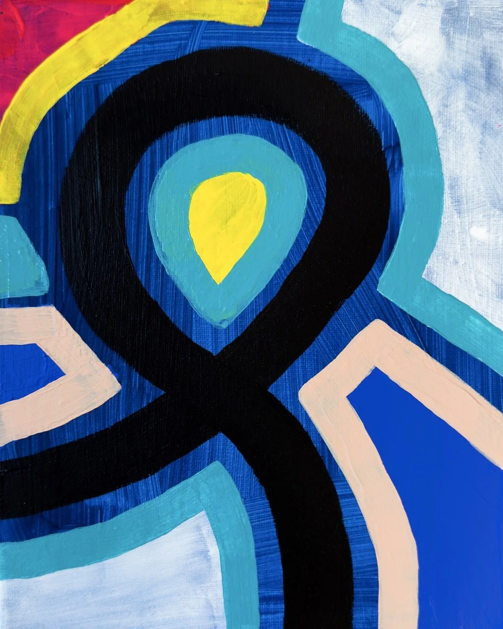 Abstract painting featuring concentric shapes with black, yellow, blue, and light pink colors.