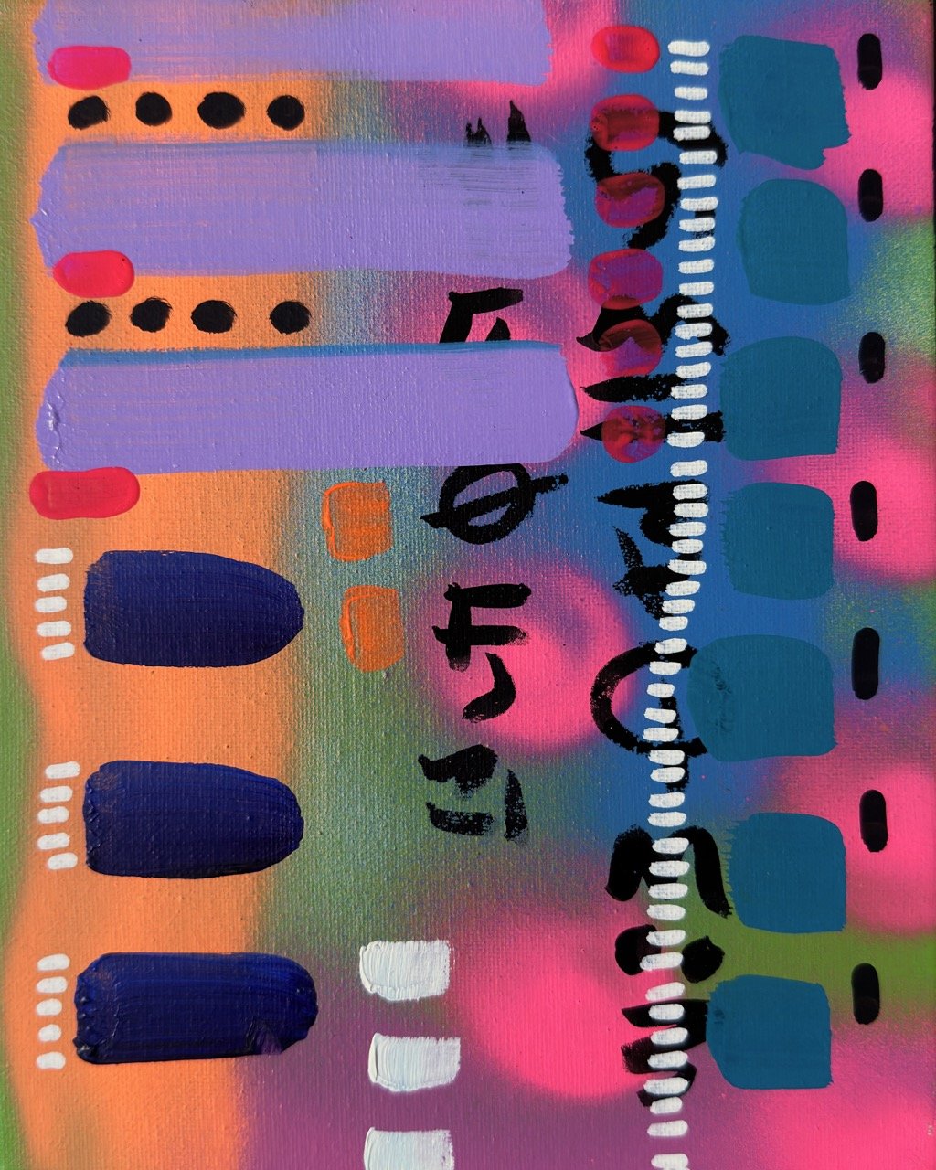 Abstract colorful painting with various shapes, black lines, and text.