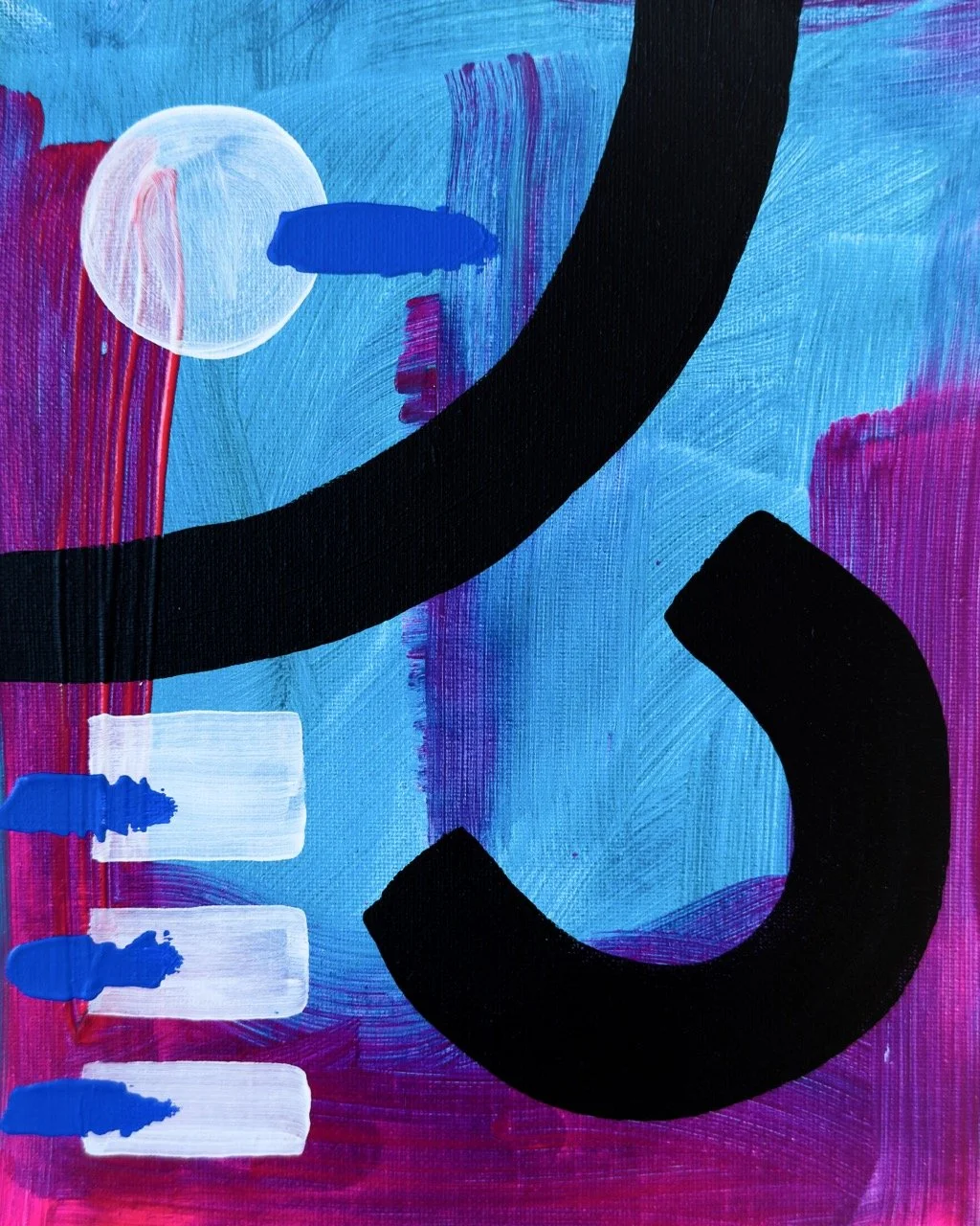 Abstract painting with a large black letter 'Q' on a vibrant background of pink, blue, and purple hues, featuring a white circle resembling the moon and blue brushstrokes.