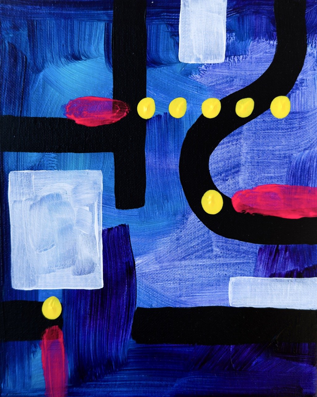 Abstract painting with a blue background, black lines, yellow dots, and red and white rectangular shapes.