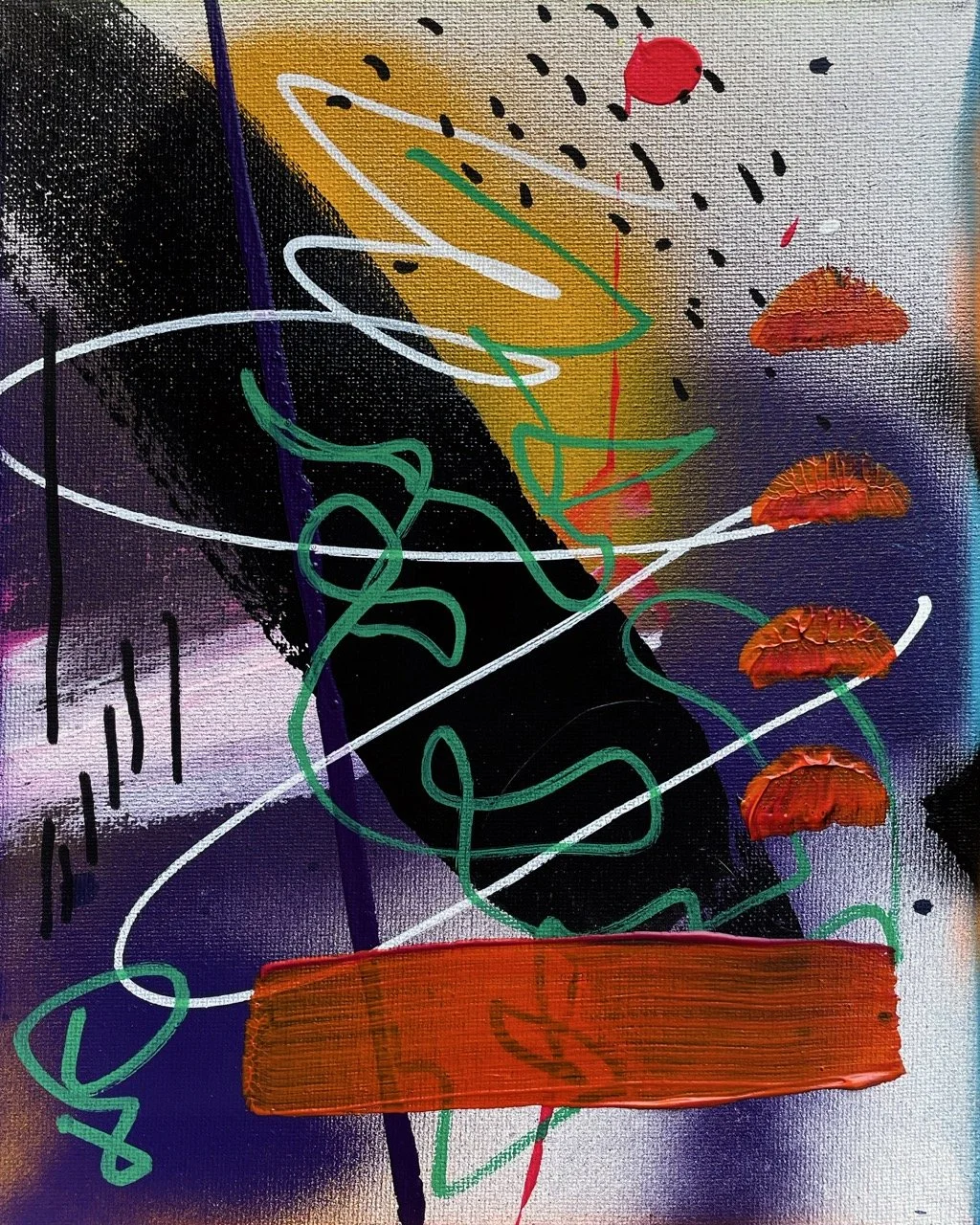 Abstract colorful painting with black, purple, yellow, orange, purple, and white background. Overlaid with green, white, red, and blue scribbles, black dashes, red dots, and orange textured shapes resembling flowers or umbrellas.