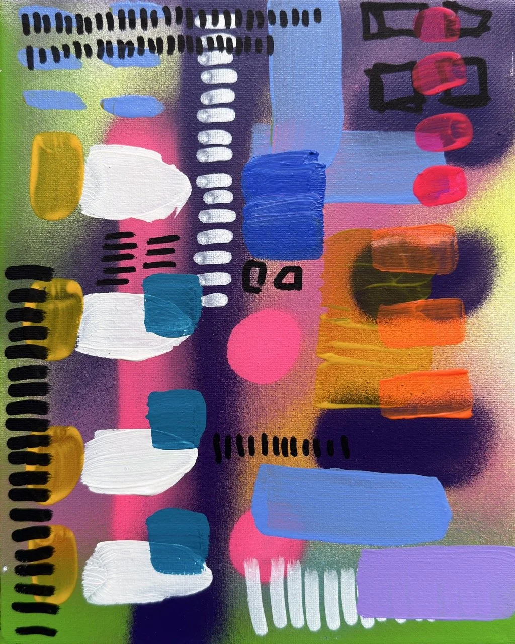Abstract colorful painting with various shapes, lines, and blocks of color including blue, pink, white, black, yellow, orange, and purple.