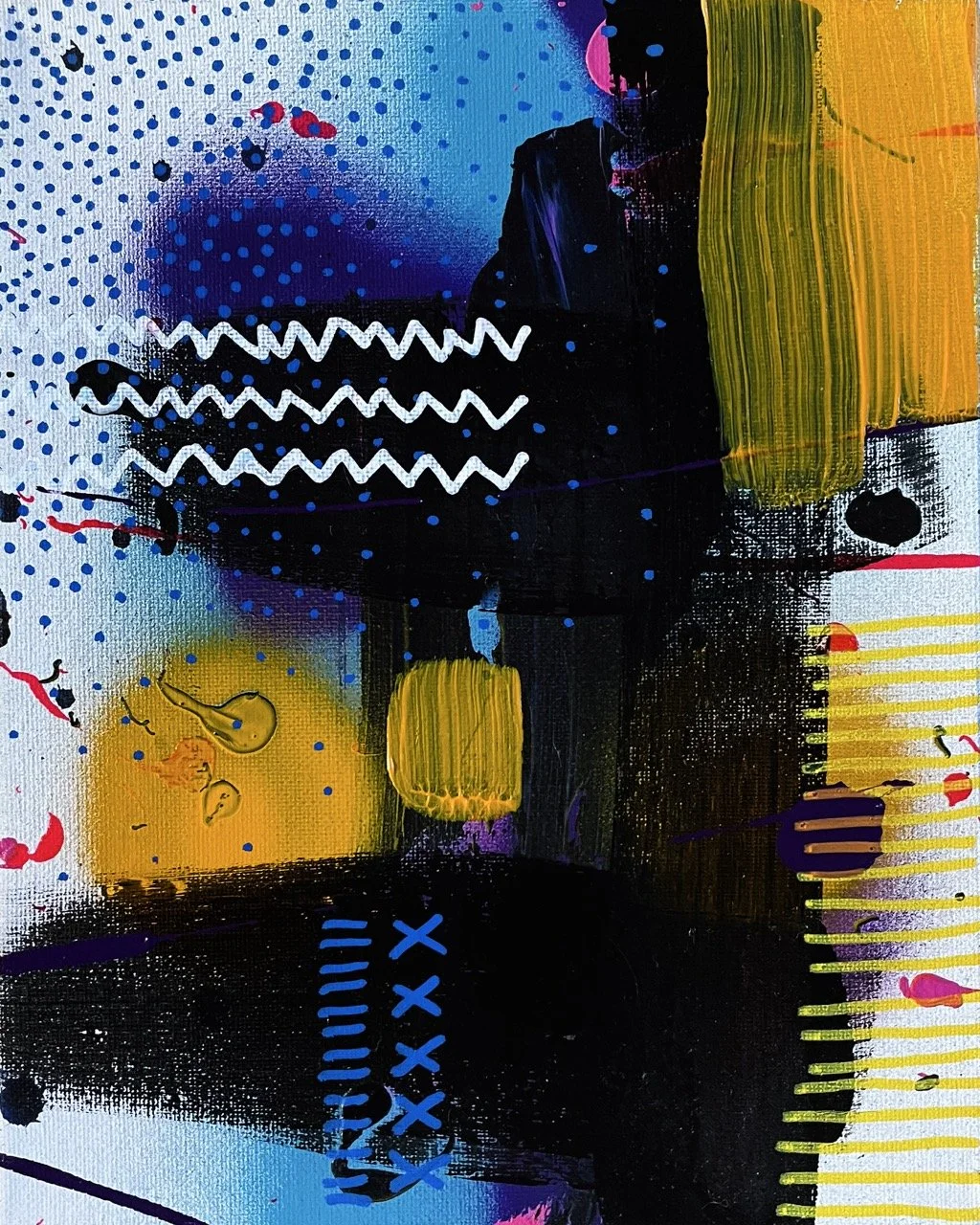 Abstract street art with vibrant colors, dots, squiggles, and paint splatters, featuring a dark silhouette of a person against a graffiti background.