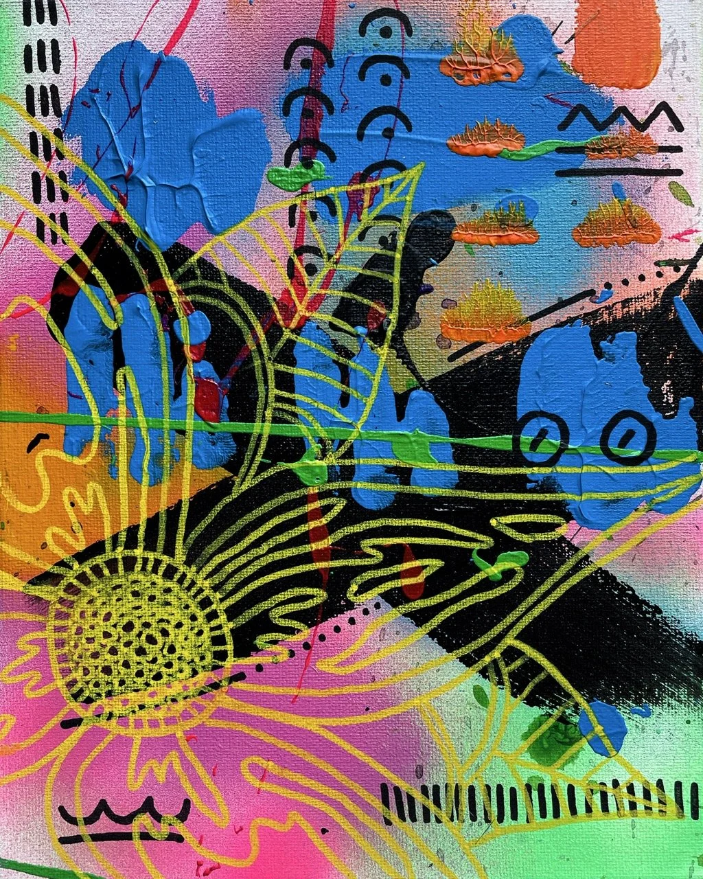 Abstract colorful painting with various shapes, lines, and patterns including a large yellow flower, blue clouds, small orange cloud-like shapes, and black lines on a vibrant pink, green, and blue background.