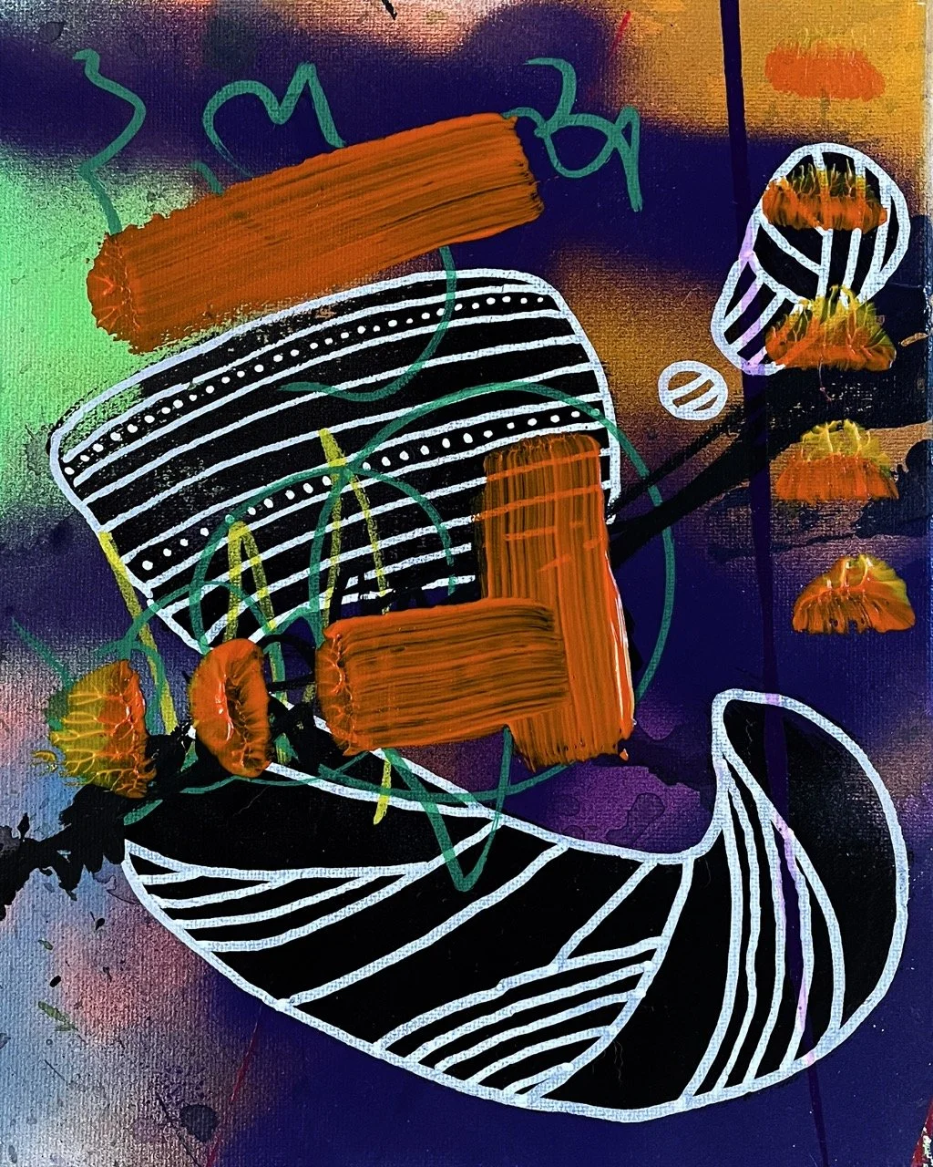 Abstract artwork with colorful brushstrokes, white line patterns, and orange painted blocks on a multicolored background.