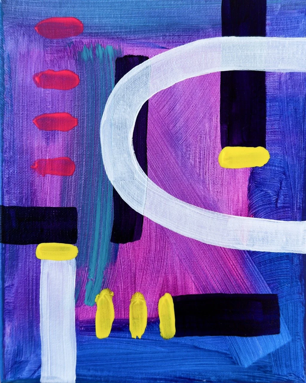 Abstract colorful painting with purple, blue, pink, black, white, red, and yellow shapes and brushstrokes.