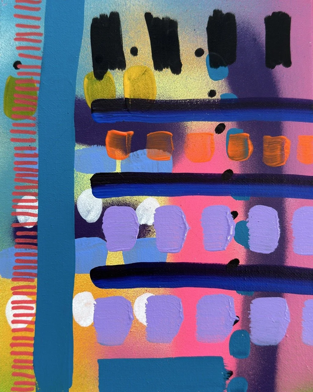 Bright abstract painting with horizontal and vertical brushstrokes in vibrant colors including black, yellow, blue, purple, pink, orange, white, and red.