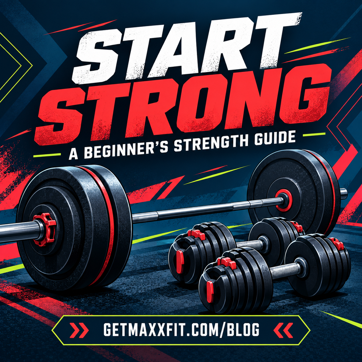 Illustrated barbell and adjustable dumbbells with the words Start Strong: A Beginner’s Strength Guide.