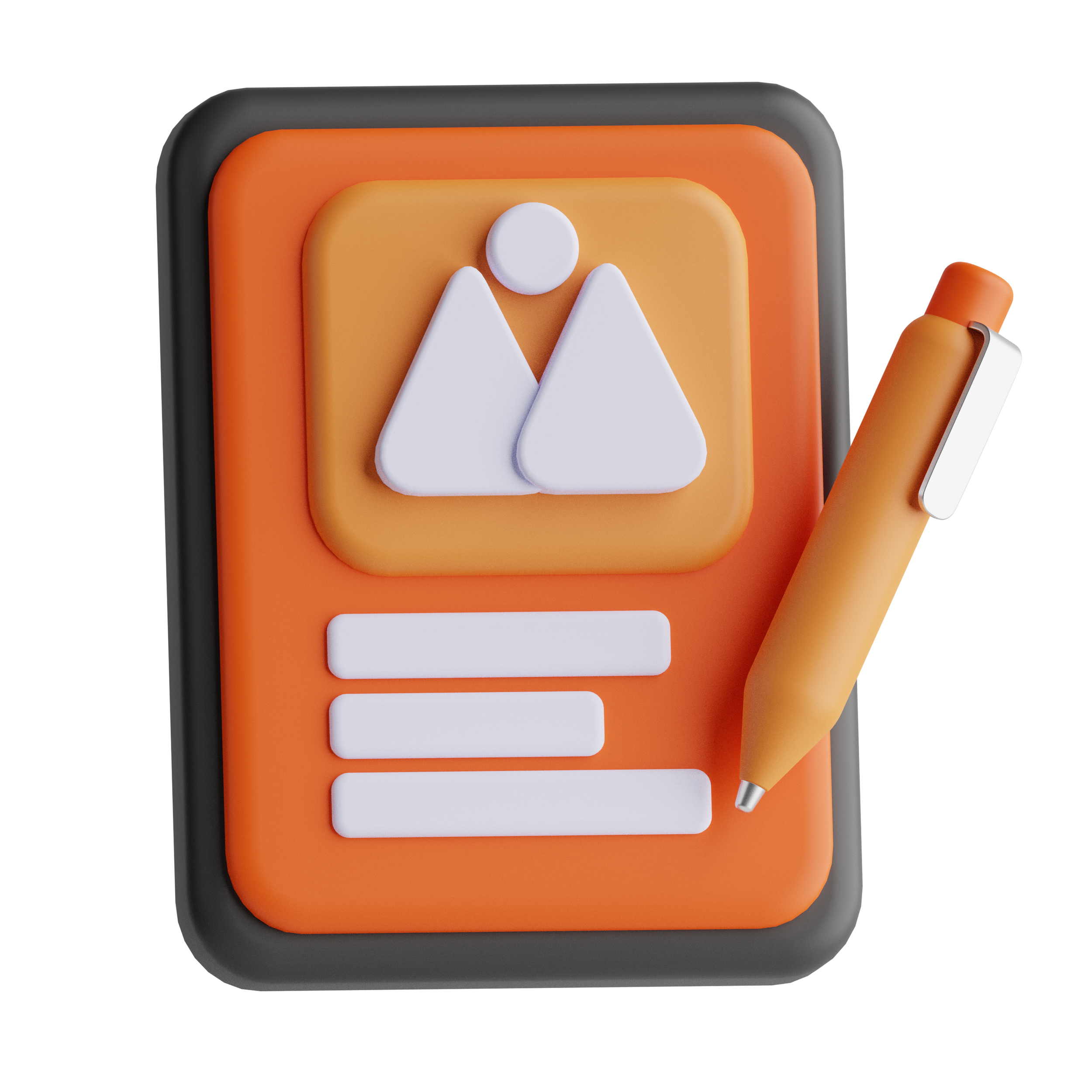 3D illustration of a smartphone app interface for photo sharing, with a white image icon, several lines of text, and an orange pen attached to the device.