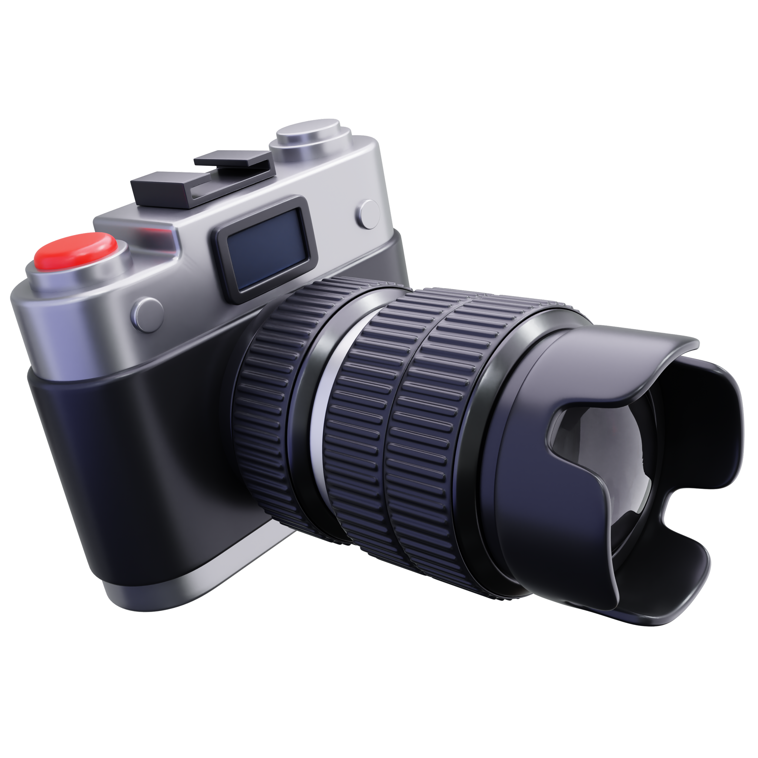 Digital camera with a large zoom lens and a lens hood against a black background.