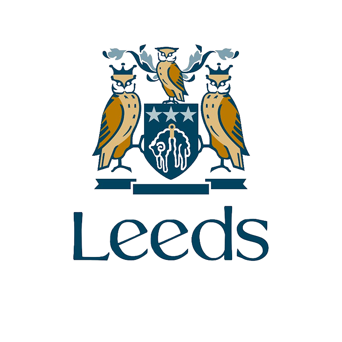 Leeds City Council official emblem featuring a shield with three stars, swords, and three other symbols, topped with a crest of an owl with a hat, flanked by two owls wearing crowns, and the text "Leeds City Council" below.