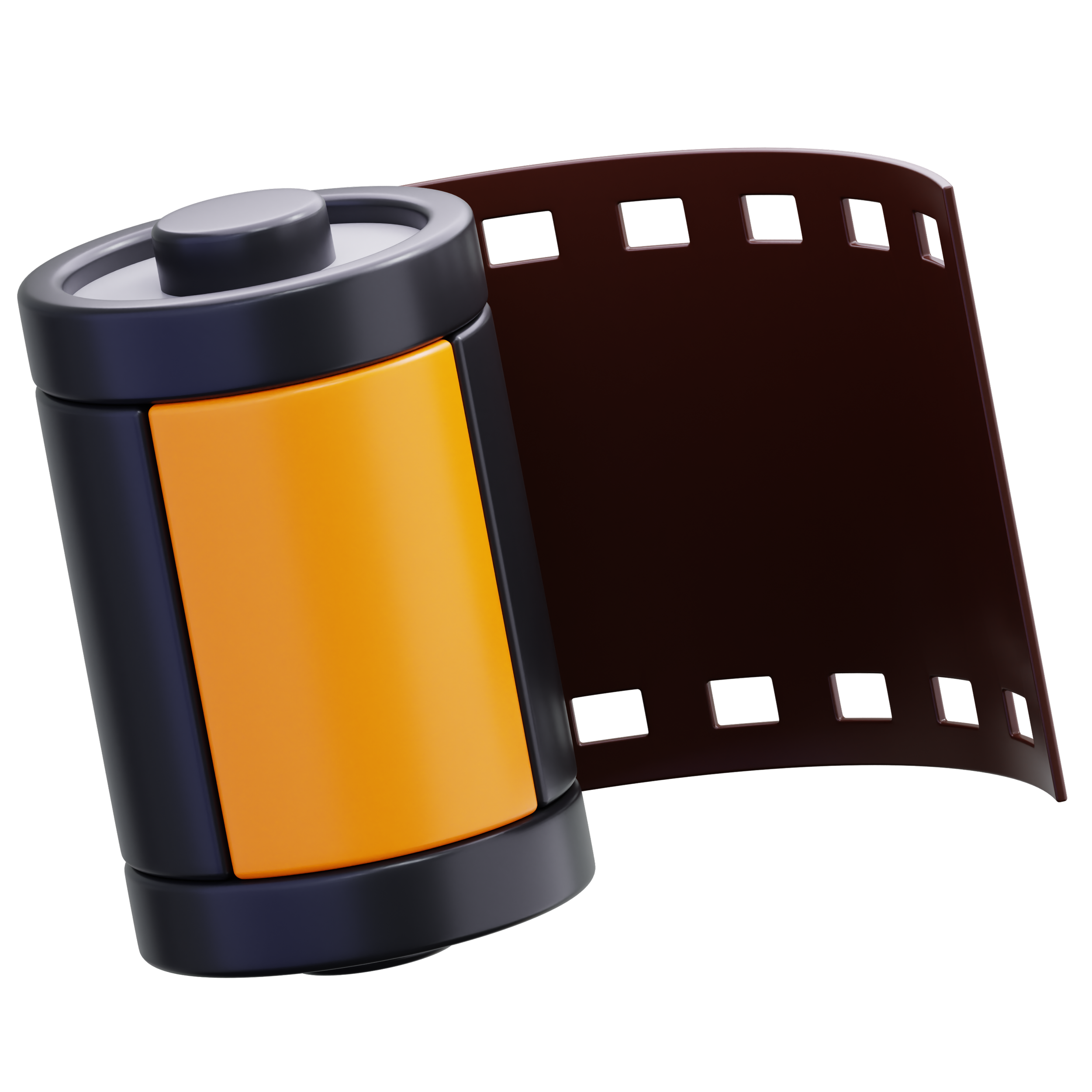 A strip of photographic film with a black and orange reel.