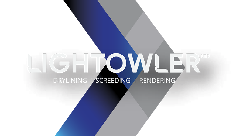 Lightowler LTD logo with blue and gray geometric background, text reads 'Drylining | Screeding | Rendering'.