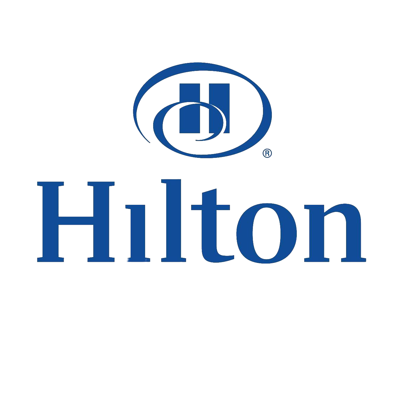 Hilton logo featuring blue text and emblem on a white background.