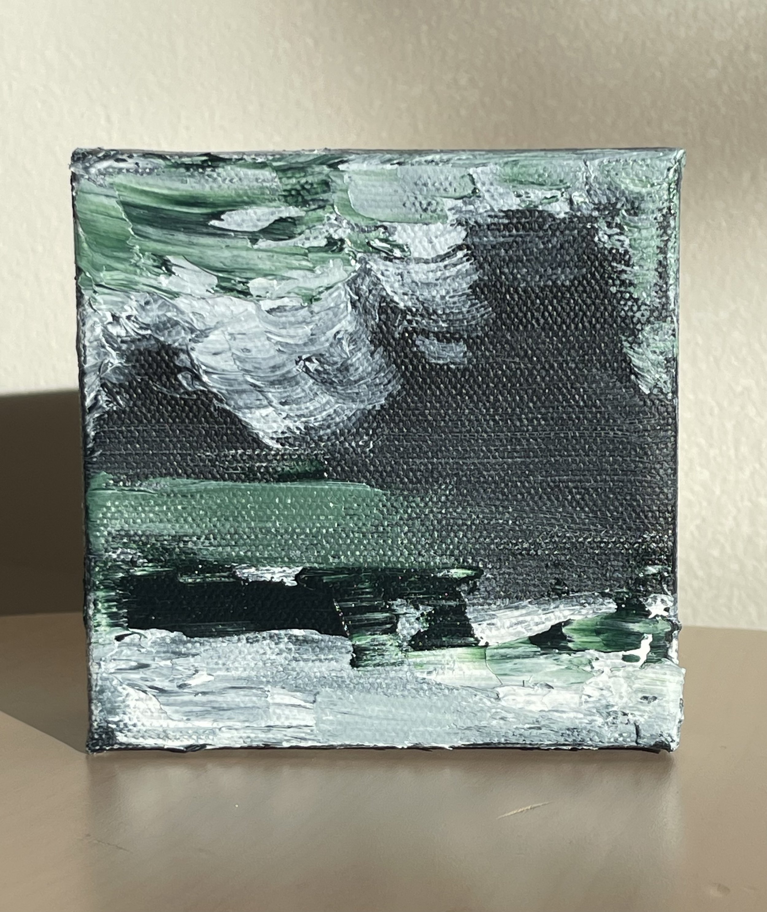 "As Above, So Below" original abstract artwork by Laura Anne Reitzel. A green and grey snowscape for the winter ponderings on a silent night.
