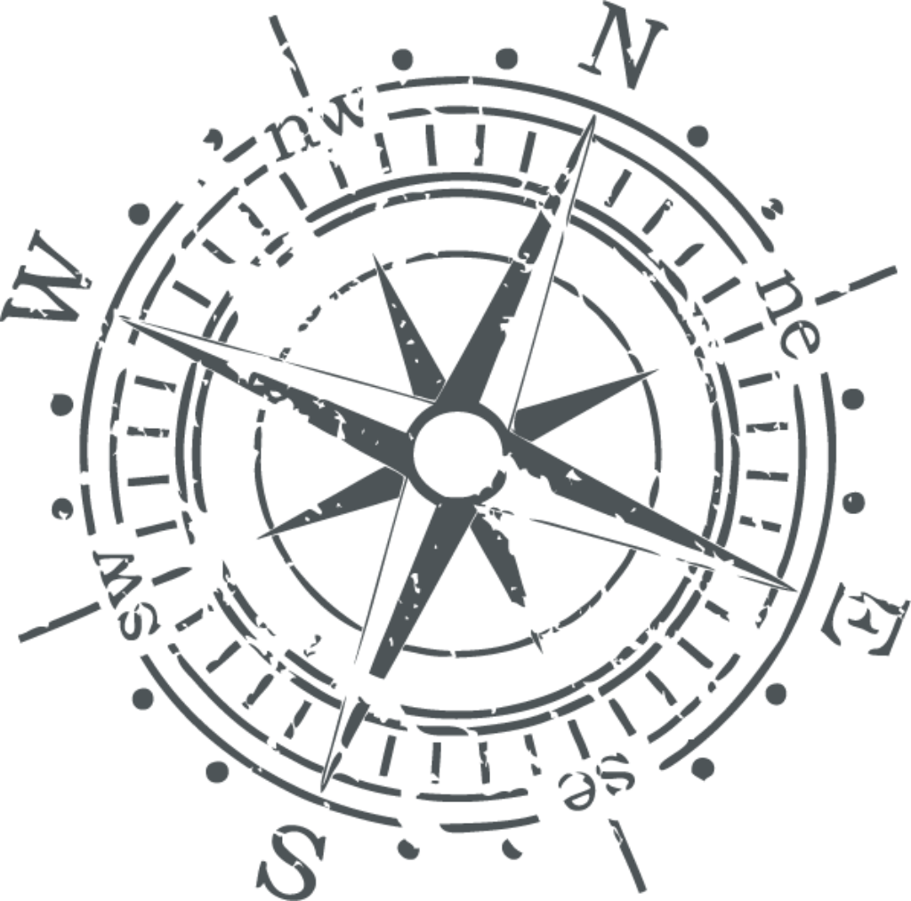 Kompass mit N, E, S, W Richtungen und drehender Rosette