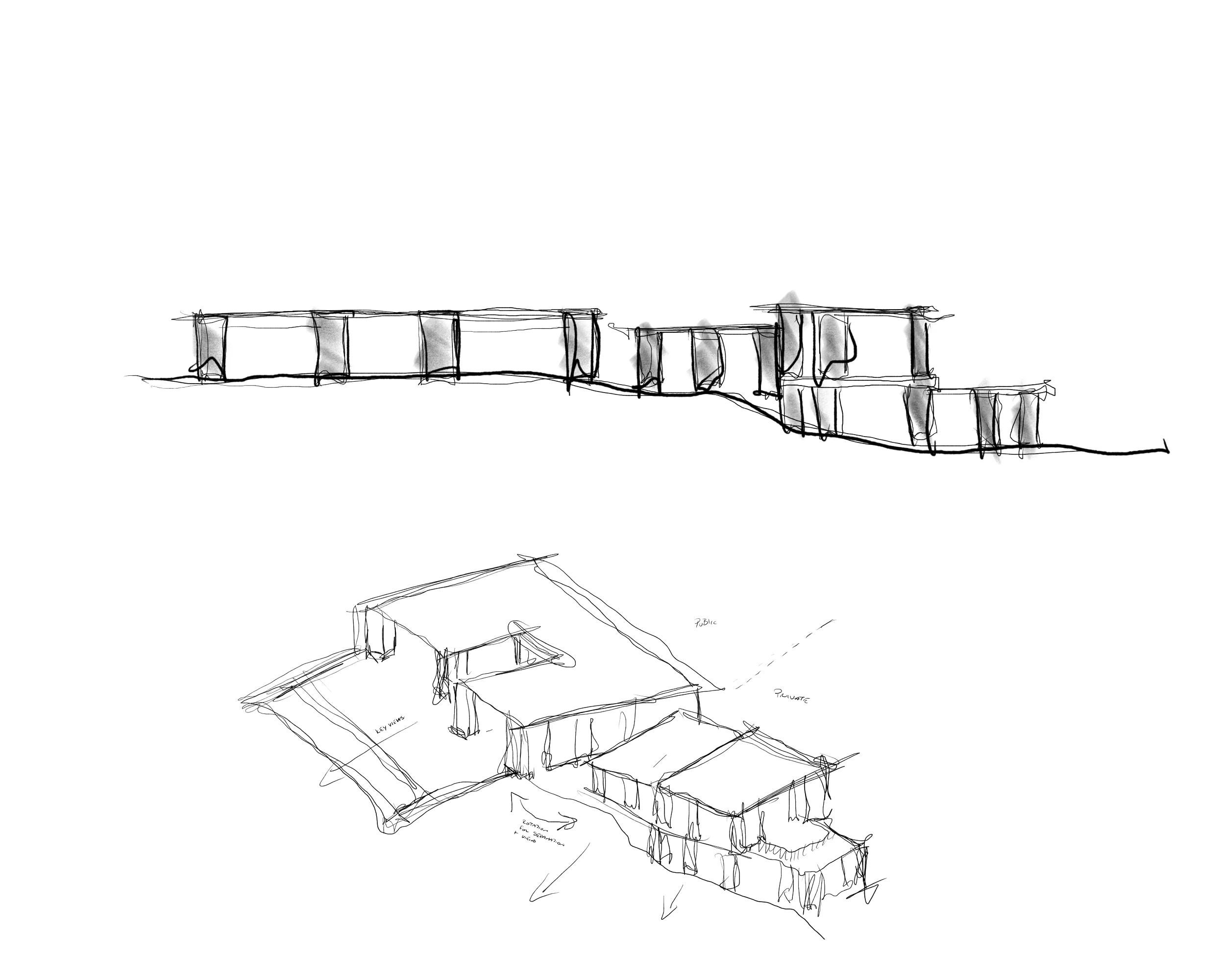 Axonometric sketch and elevation, villa in Indonesia