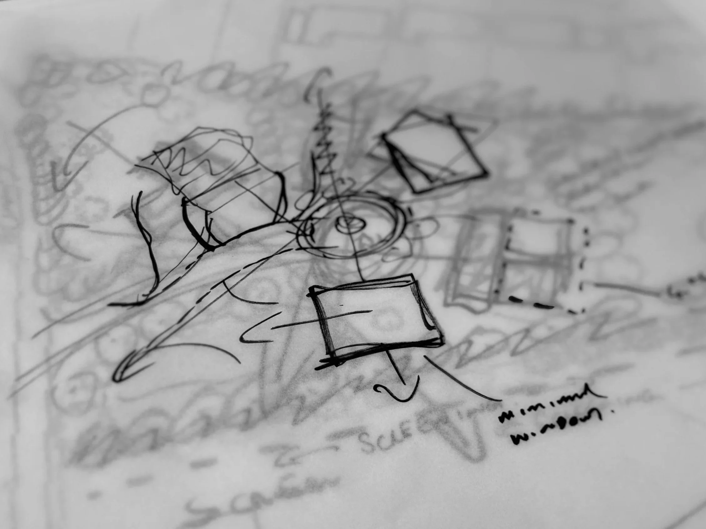 A hand-drawn sketch on paper showing various geometric shapes including cubes, spheres, and rectangular prisms, with annotations and labels related to design or architecture.