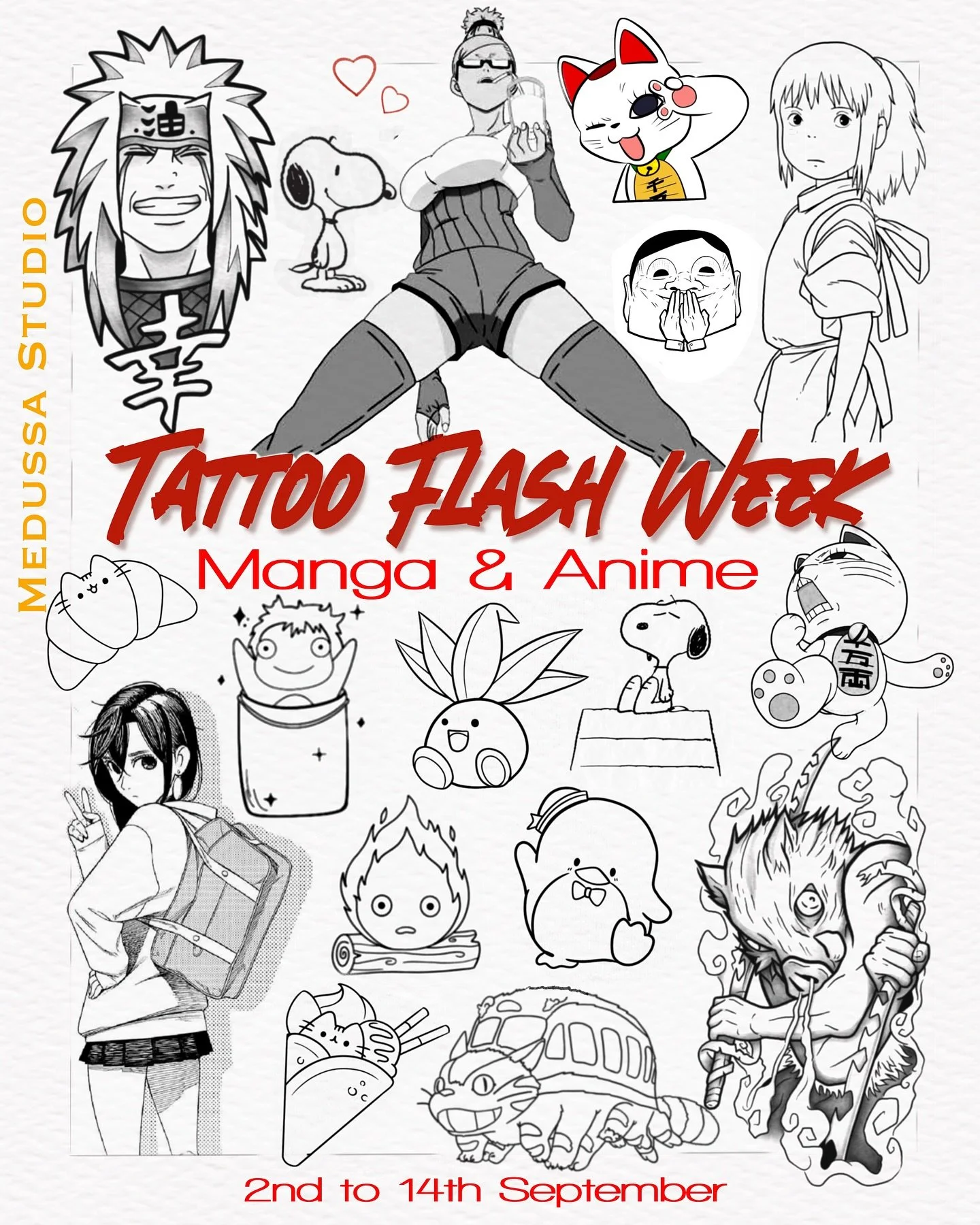 ⚜️MANGA &amp; ANIME WEEK⚜️
It&rsquo;s back &mdash; bigger and better!

From 2nd to 14th September, Medussa Studio is dedicating two full weeks to the world of anime &amp; manga.
✨ Exclusive flash sheets
✨ Custom manga-inspired tattoos
✨ Limited-time 