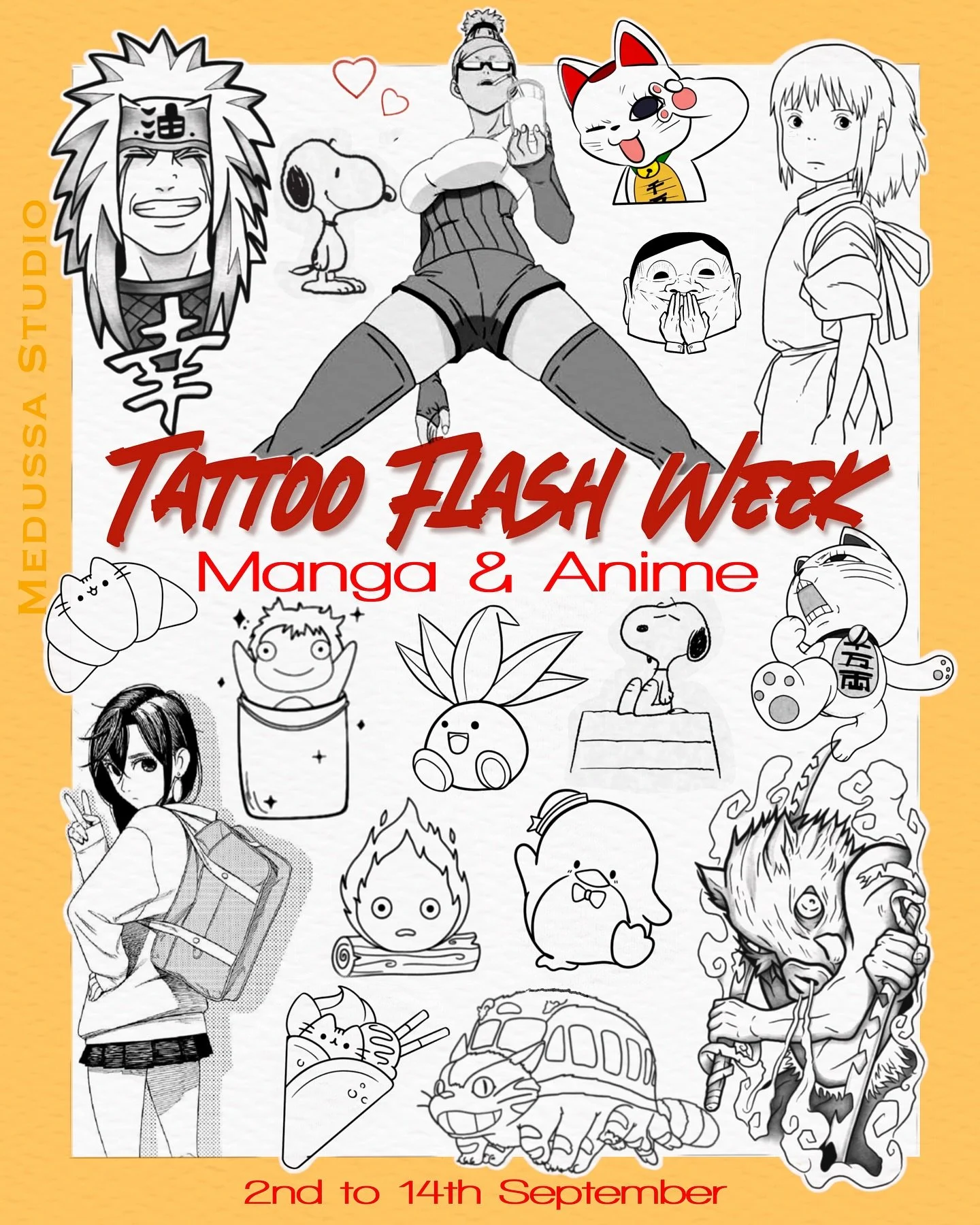 ⚜️MANGA &amp; ANIME WEEK⚜️
It&rsquo;s back &mdash; bigger and better!

From 2nd to 14th September, Medussa Studio is dedicating two full weeks to the world of anime &amp; manga.
✨ Exclusive flash sheets
✨ Custom manga-anime-inspired tattoos
✨ Bring y
