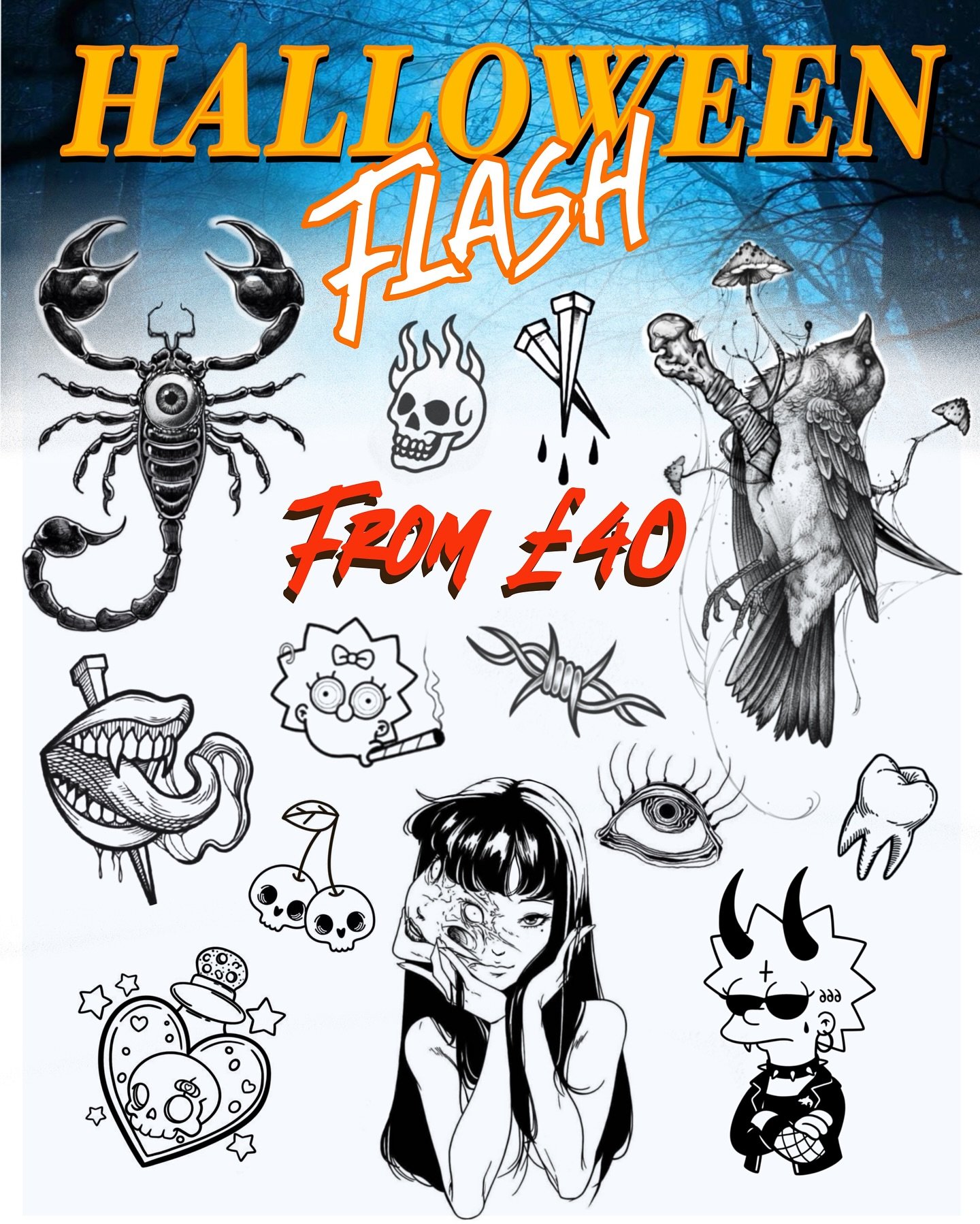 🎃 Halloween Tattoo Flash 🎃
Starting at &pound;40 flashes!
 From 22th till 2nd November.
.
Bookings opened 💥
Walk in welcome 🤗 
Get in touch by DM, our website to get this spooky 👻 Halloween designs!
@medussatattoostudio
..
.
.
#medussatattoostud