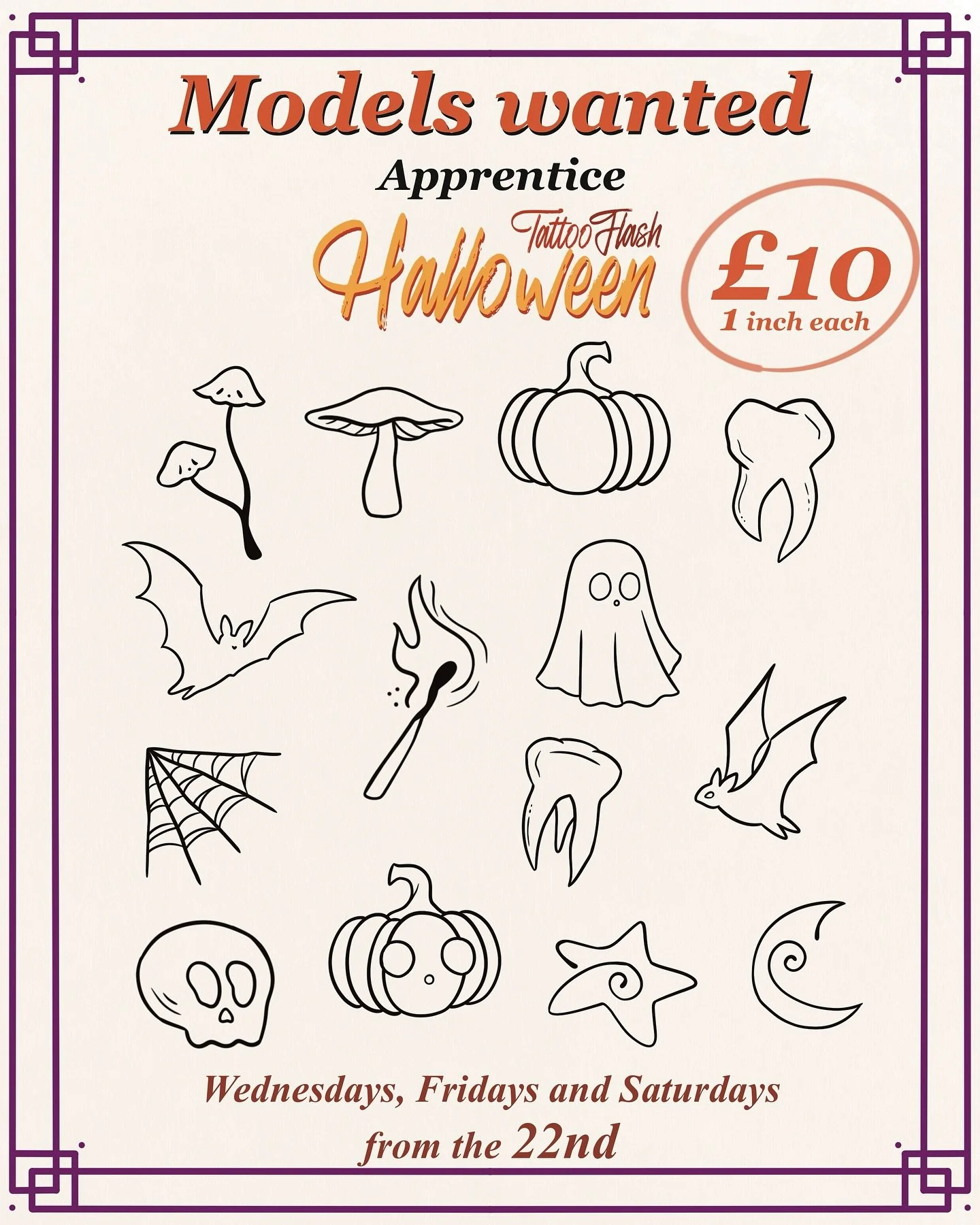 Happy halloween, Models wanted for apprentice training. Only &pound;10 per design. 

Hi I&rsquo;m @v.of.swords and I&rsquo;ve got a small range of simple halloween flash that will get you in the mood for spooky season. These designs would just be lin