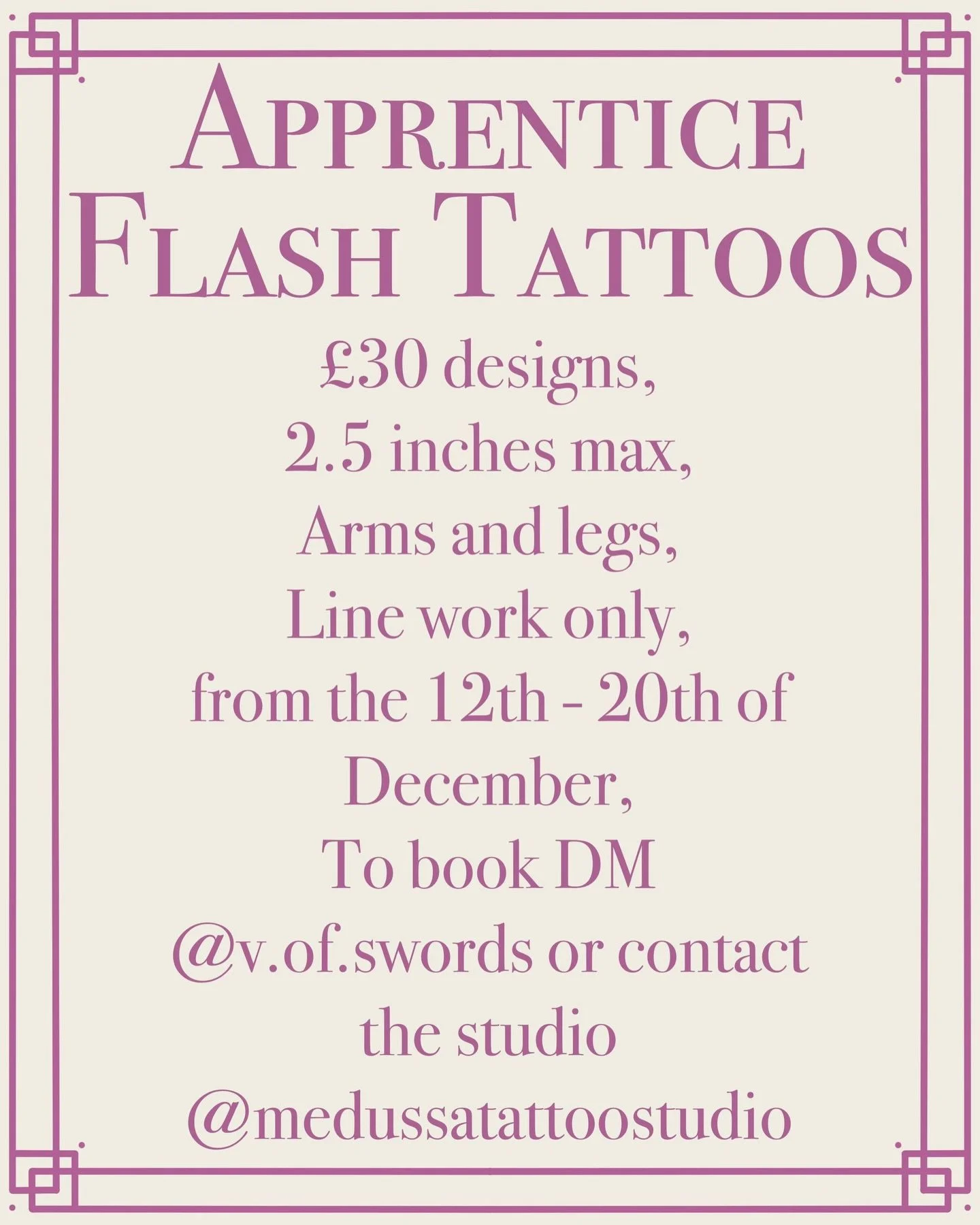 Tattoo Flash Sale, 

Our apprentice @v.of.swords has some line work flash designs to end out the year,

If you&rsquo;re interested please DM me or the studio @medussatattoostudio 

#art #design #tattoo #tattooflash #flashdesigns #apprentice #tattooap