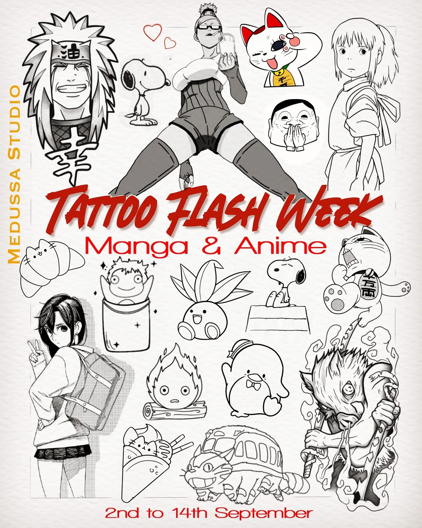 ⚜️MANGA &amp; ANIME WEEK⚜️
It&rsquo;s back &mdash; bigger and better!

From 2nd to 14th September, Medussa Studio is dedicating two full weeks to the world of anime &amp; manga.
✨ Exclusive flash sheets
✨ Custom manga-inspired tattoos
✨ Limited-time 