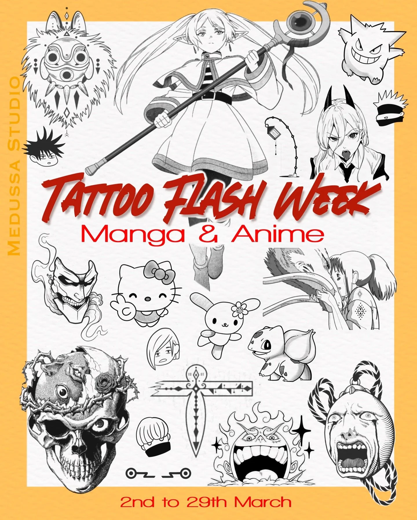 ⚜️MANGA &amp; ANIME WEEK⚜️
It&rsquo;s back &mdash; bigger and better!

Medussa Studio is dedicating full March to the world of anime &amp; manga.
✨ Exclusive flash sheets
✨ Custom manga-inspired tattoos
✨ Limited-time event for true fans

Check your 