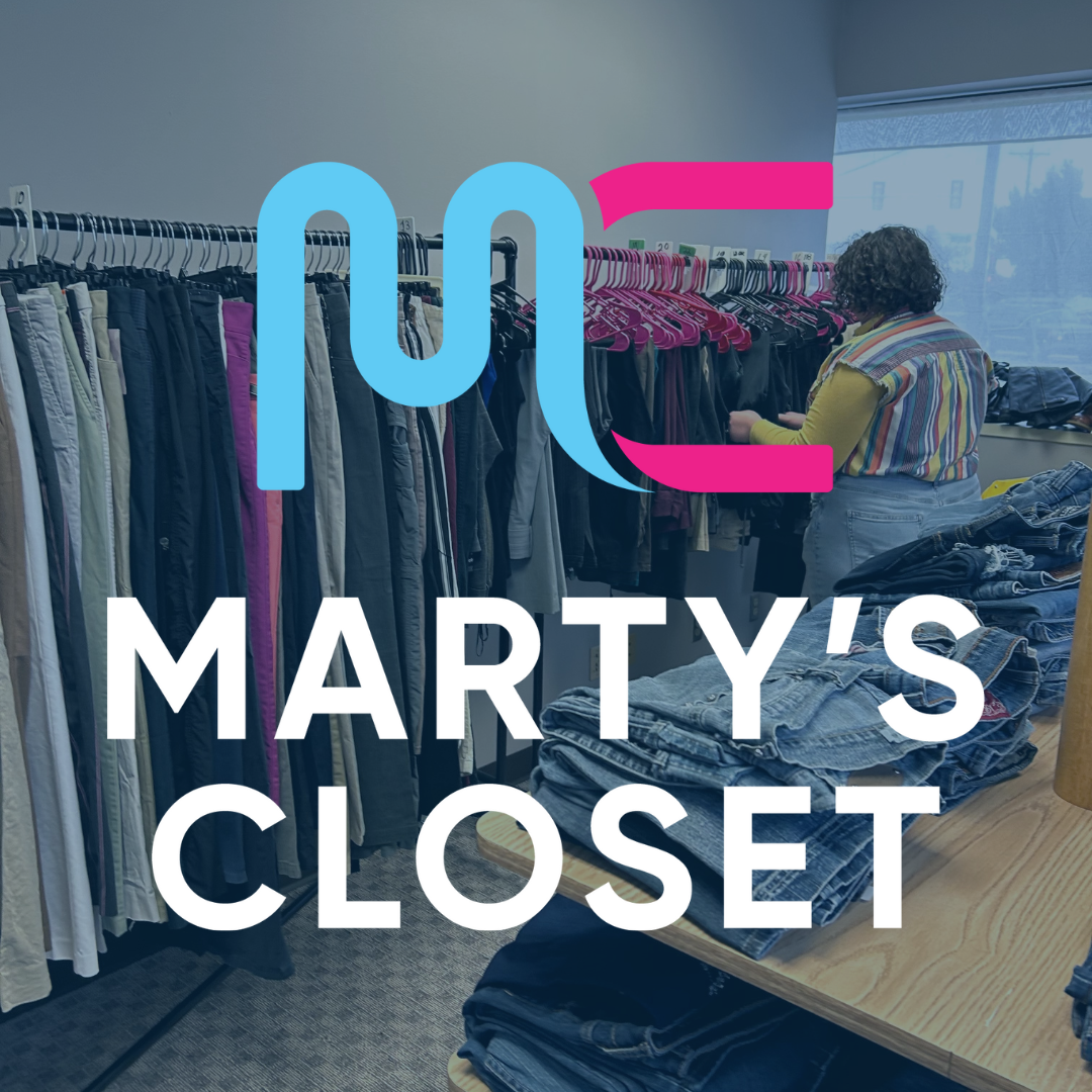 A person browses through a rack of clothing. Text "Marty's Closet".
