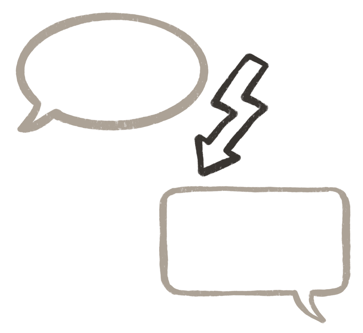 Zwei Sprechblasen, eine oben und eine unten, verbunden durch einen Pfeil.