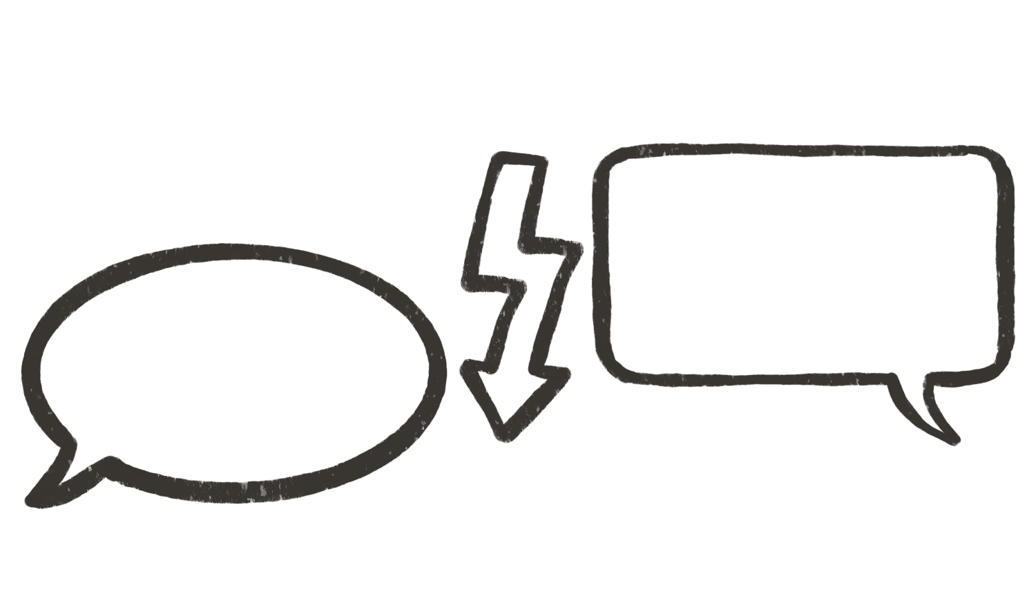 Zwei handgezeichnete Sprechblasen und dazwischen ein Blitz als Symbol für einen Konflikt
